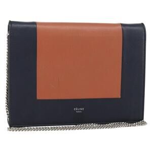 CELINE Frame Evening Chain Wallet Leather Black Silver Auth BA9073